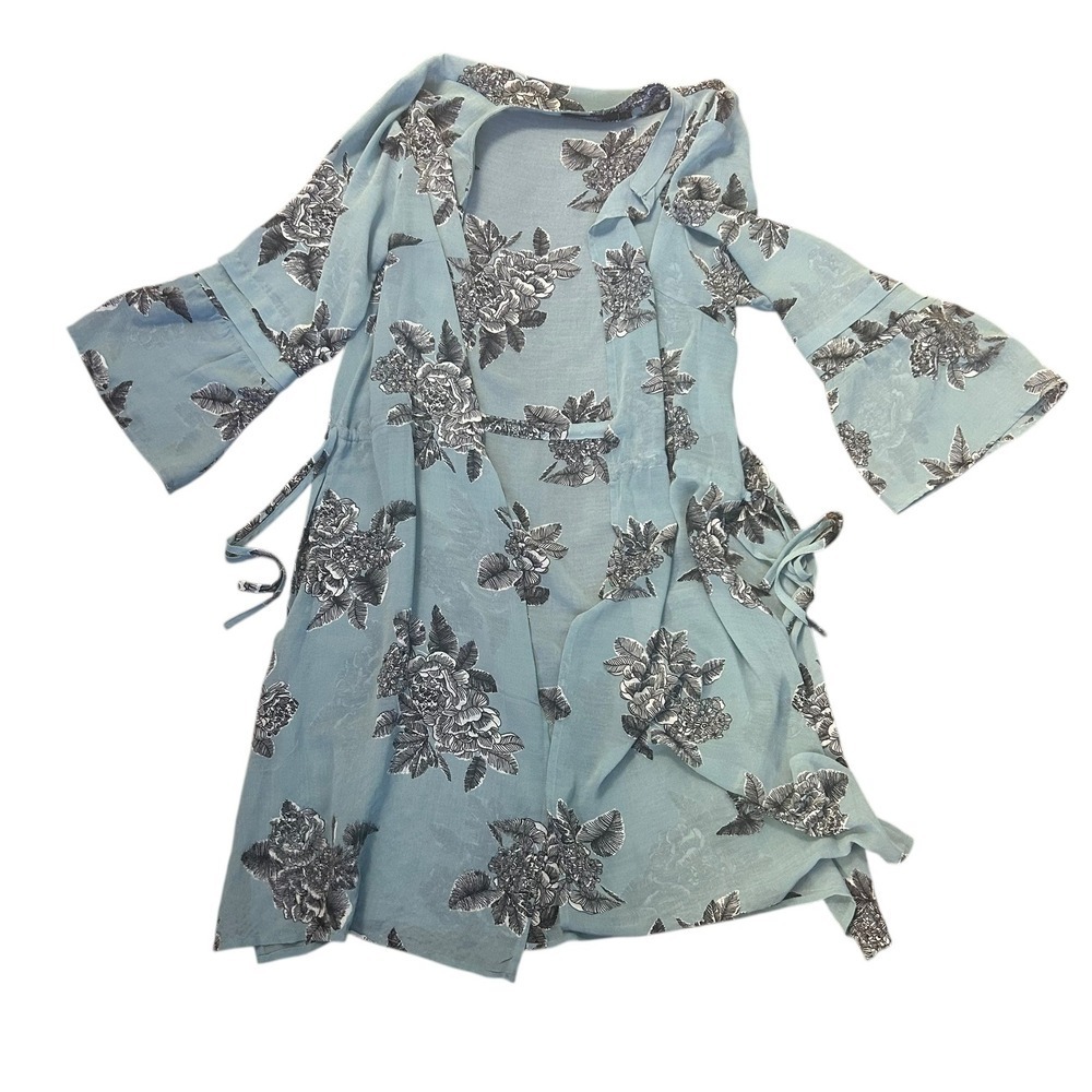 BKE Boutique Women's Boho Blue Black Floral Bell Sleeve Open Kimono Cardigan L - Picture 2 of 8